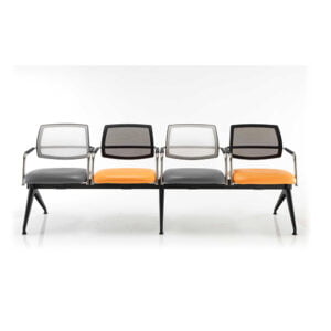 Matrix black and white mesh back 4 seat beam seating with grey and orange upholstered seats, black base and chrome arms