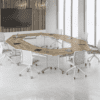 ring of reunion multi purpose tables with white frames and grey wooden finish, surrounded with white chairs