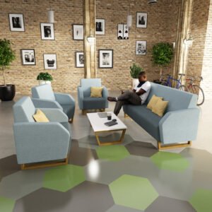 blue collaborative Encore sofa soft seating with wooden legs