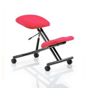 Modern kneeling stool in a red fabric and black legs with wheels