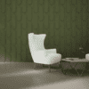 allsfar ora 3d acoustic wall panel in dark forest green with white wing back arm chair in front