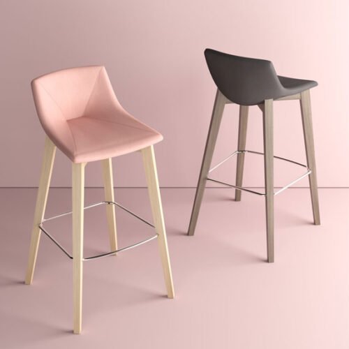 Escape Wood Stool shown in two different upholsted colours and wood finishes