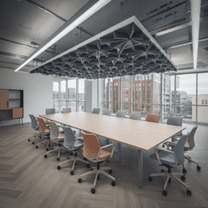 meeting room with flott acoustic ceiling tiles in grey from allsfar uk manufacturer, acoustic solutions
