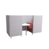Air seating simoom sofa booth two person high closed front soft seating on white background with silver metal legs, pink and grey fabric colour scheme