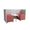 Air seating simoom sofa booth two person high back open front soft seating on white background with silver metal legs, pink and grey fabric colour scheme