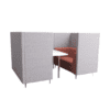 Air seating simoom sofa booth four person high back angled front soft seating on white background with silver metal legs, pink and grey fabric colour scheme