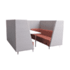Air seating simoom sofa booth six person high back angled front soft seating on white background with silver metal legs, pink and grey fabric colour scheme