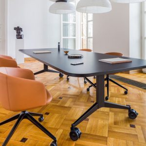 Plex Folding Meeting Table with a leather meeting chair
