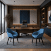 LOUNGE CYRUS CHAIR FROM AIR SEATING IN BLUE IN FRONT OF EXECUTIVE DESK