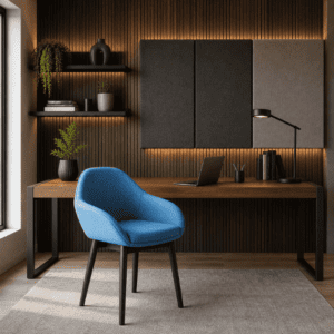 BLUE CYRUS LOUNGE CHAIR FROM AIR SEATING IN FRONT OF DESK