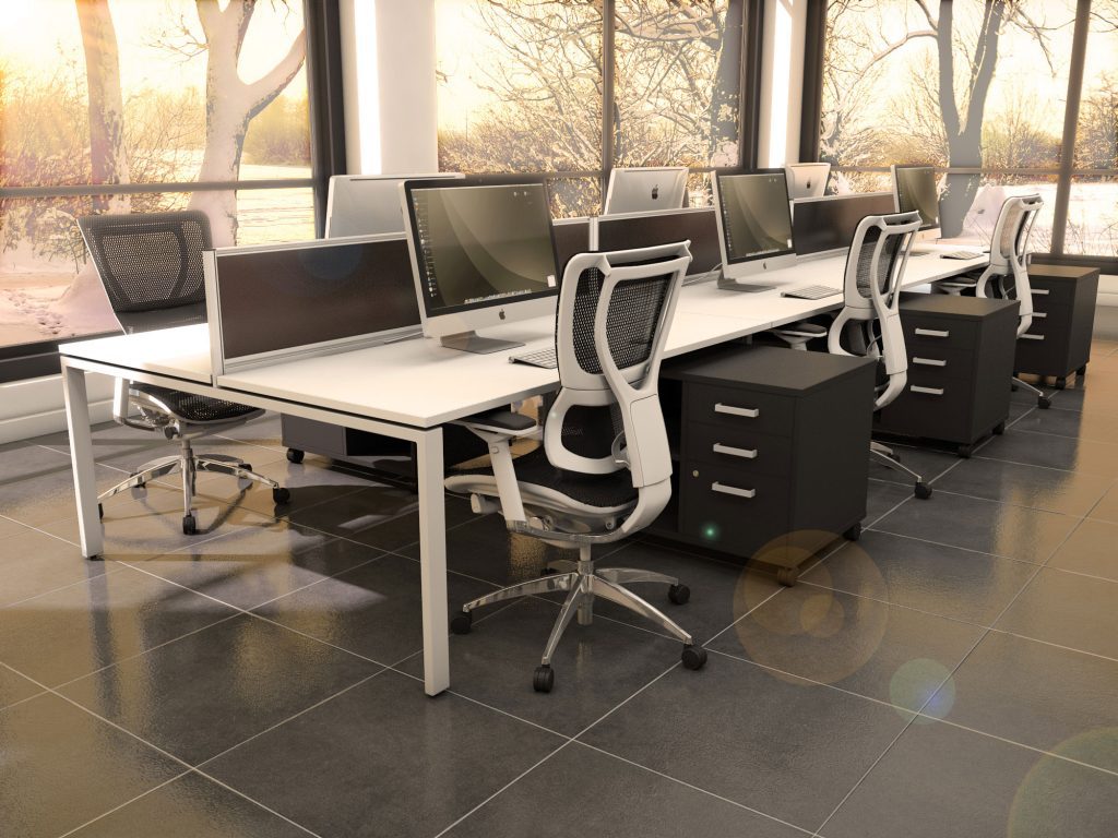 Modern office bench desks and office pedestals in a large office