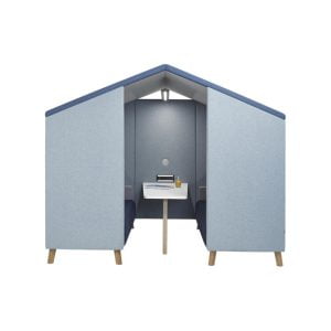 Jensen hut in a blue fabric with a white table