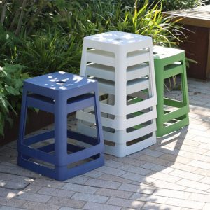 Plastic outdoor stools in 3 different colours