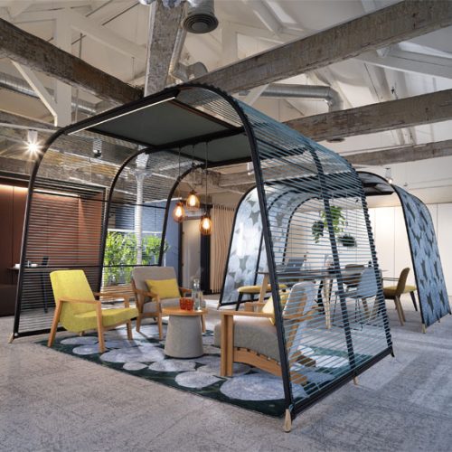 Awnings acoustic pod in cord and fabric with modern office soft seating