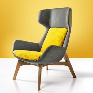 grey Klyro high back lounge chair with yellow upholstered seat