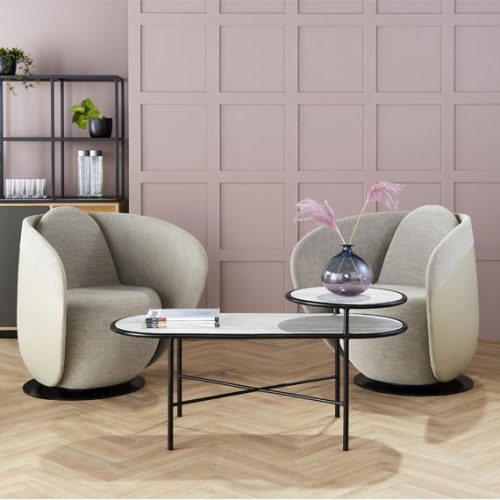 Relo D coffee table with ciruclar shelf and black metal frame