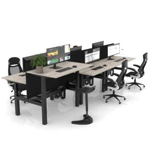 Three standing desks shown with computers, office high stool and moder ergonomic desk computer chairs