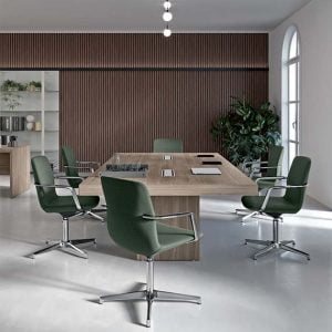 Diesis low back meeting chairs in green fabric with 4 star silver swivel base