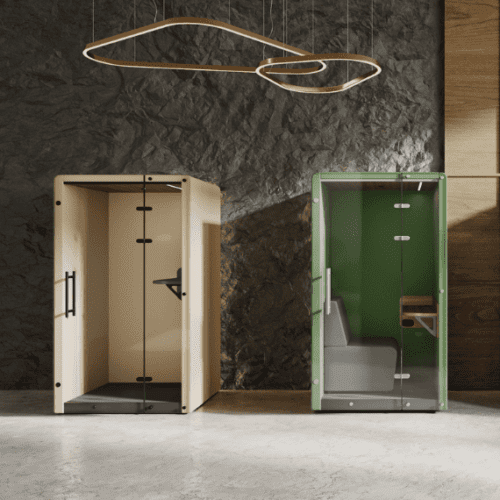 say box telephone booth from pledge uk manufacturer in beige and green fabrics with feature lighting