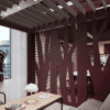 feature burgundy wall with tree graphic, from connection seating, rooms range