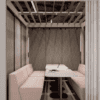 Soft seating within rooms by connection seating, beige fabric with slatted ceiling