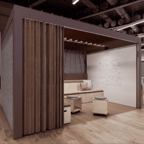 connection rooms office pod with tiered collab seating with red burgundy accents