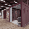 Orangebox rooms with partnered red end panels, interior lighting, office set up with meeting rooms
