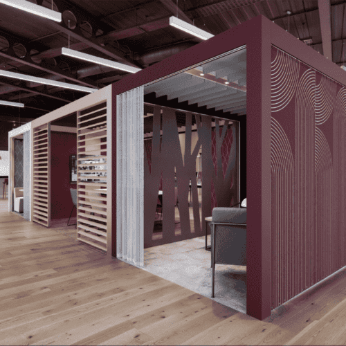 Orangebox rooms with partnered red end panels, interior lighting, office set up with meeting rooms