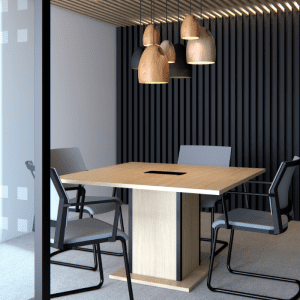 elite office furniture qube boardroom table with square base ion situe, grey corporate interior. Mesh back grey meeting room chairs