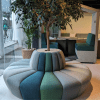 JDD terry modular banquette seating teal and grey fabrics
