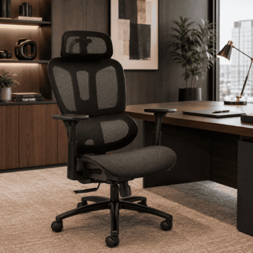 zala ergonomic mesh work chair in black in an executive office with headrest