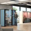 Era condo agile working pod office acoustics enclosed blue meeting pod with glass manifestation