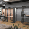 Era condo agile working pod office acoustics enclosed accessible office solution meeting pod, with glass manifestation in pink and blue