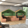 Era Condo Pitched Roof Agile Working Pod Office Acoustics with Pink and green fabric with pendant lighting, four person pod.