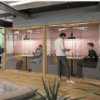Era Lumen Agile Working Pod in grey and pink with glass front acoustic areas in office with pendant lighting