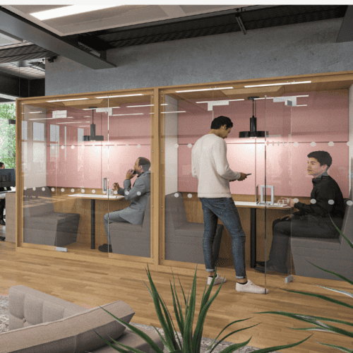 Era Lumen Agile Working Pod in grey and pink with glass front acoustic areas in office with pendant lighting