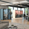 Era Hoozone Jimmy Working Pod office acoustics for meetings in grey with lined front manifestations four person enclosed pod with fabric back in blue fabric with LED lighting. Collaborative office furniture