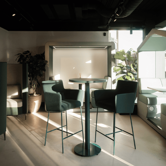 Mylo High stool from JDD furniture in the london showroom. green trendy interior