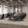 Lavoro firmo bench desk with grey desk mounted screens with acoustic hanging baffles