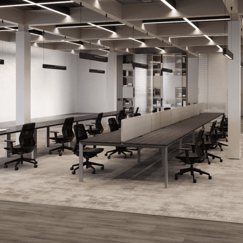 Lavoro firmo bench desk with grey desk mounted screens with acoustic hanging baffles