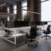 Lavoro Lanto Bench Desk in white in situe with black mesh chair 6 person bench desk