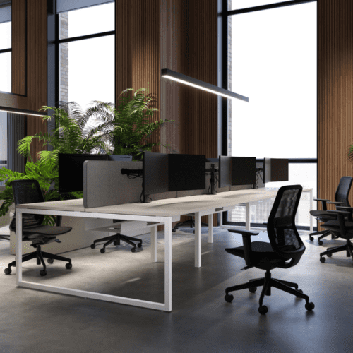 Lavoro Lanto Bench Desk in white ring leg, 6 person bench desk, office desk solutions, with desk mounted screens