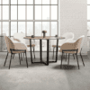 Zap trading westbury armchair in natural boucle around modern black and wood table four chair