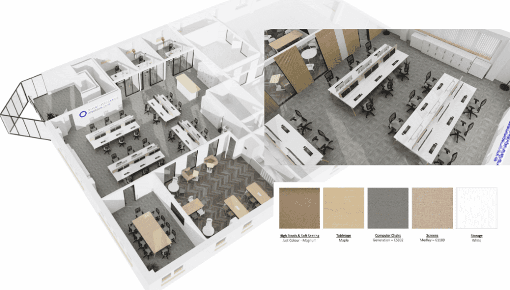 dorset orthopaedic interior office commerical design proposal isometric 3d design with visual of office space and finishes shown