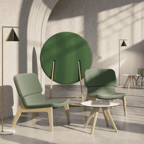 air seating viva lounge chair soft seating with four leg wooden base, and forset green fabric with matching white coffee table, and feature green acoustic floor standing screen in foreground