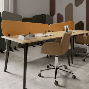 identity furniture ryve desk mounted screens in yellow fabric with oak top four person desk with black legs, ryve wall mounted screens on wall in background, acoustic solutions for office spaces