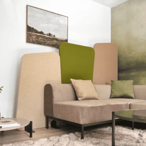 identity furniture ryve floor standing screens in beige and green fabric behind comfy modern sofa, perfect for breakout and collaborative office areas