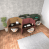 identity furniture vara work booth in yello, terracotta and green singular set up with cream tub chair, home office set up inspiration