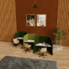 identity furniture vara workbooth singular set up with black and green fabrics, cream chairs on black castors. Wooden hard flooring with terracotta wall with artwrok and feature lights, nature wall either side for acoustic properties
