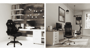 side-by-side comparison of gaming chair and office chair in a hybrid home office setting